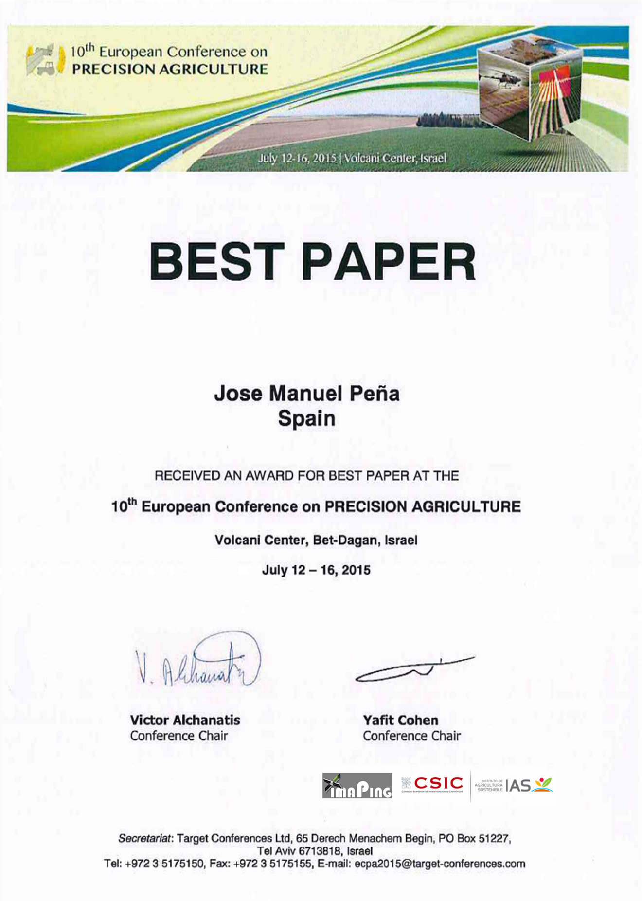 Certificado del premio recibido por grupo IMAPING en la 10ª Conferencia Europea sobre Agricultura de Precisión. Volcani Center, Israel.