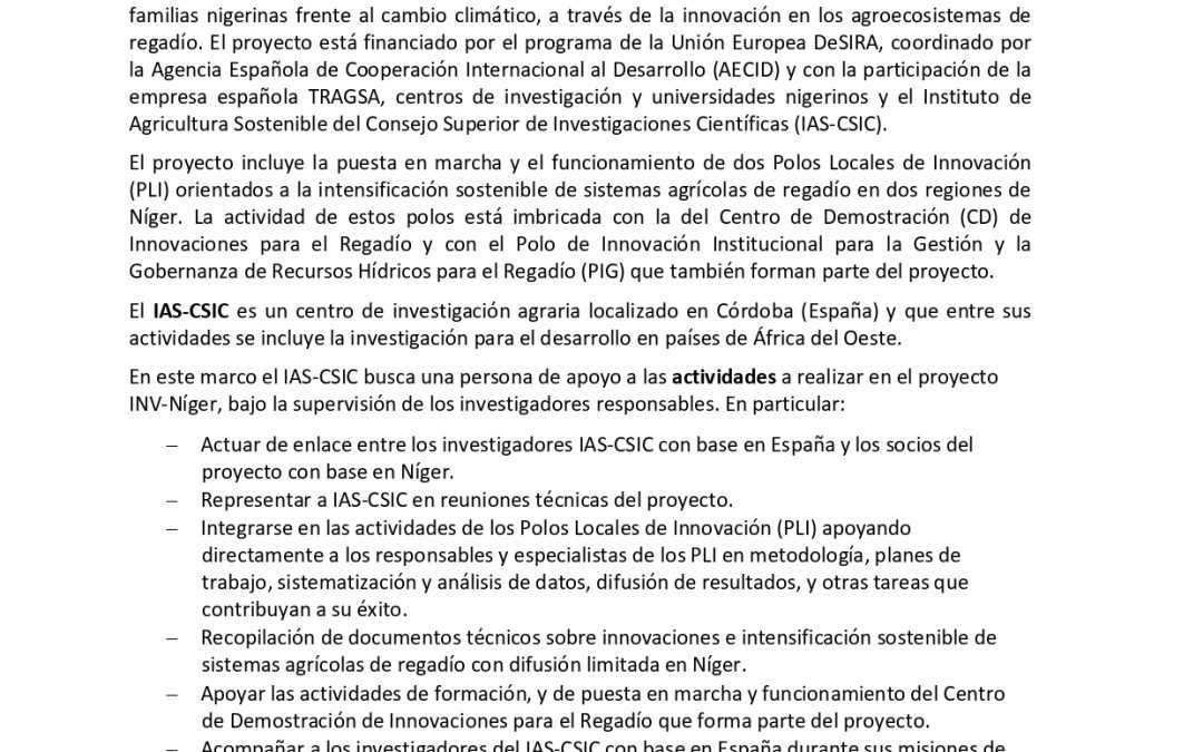 OFERTA DE CONTRATO EN EL INSTITUTO DE AGRICULTURA SOSTENIBLE