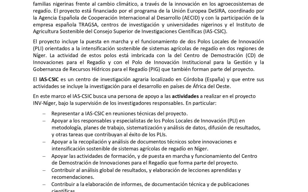 OFERTA DE CONTRATO EN EL INSTITUTO DE AGRICULTURA SOSTENIBLE