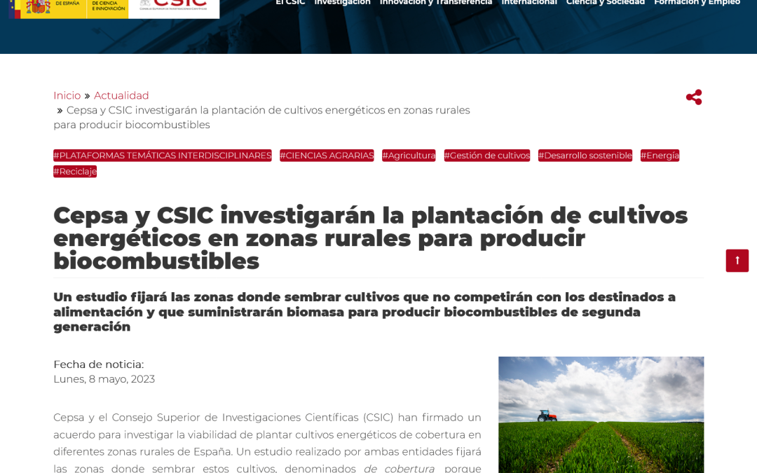 Cepsa y CSIC investigarán la plantación de cultivos energéticos en zonas rurales para producir biocombustibles