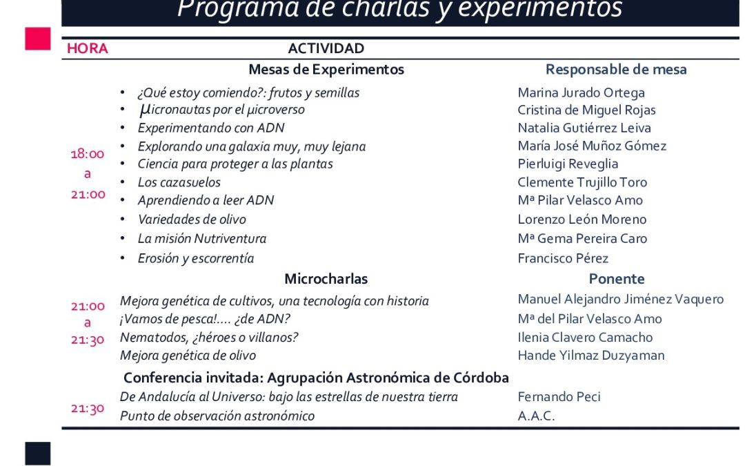 Mesas de Experimentos y Microcharlas en “Ciencia y música bajo las estrellas” – Noche Europea de l@s Investigador@s