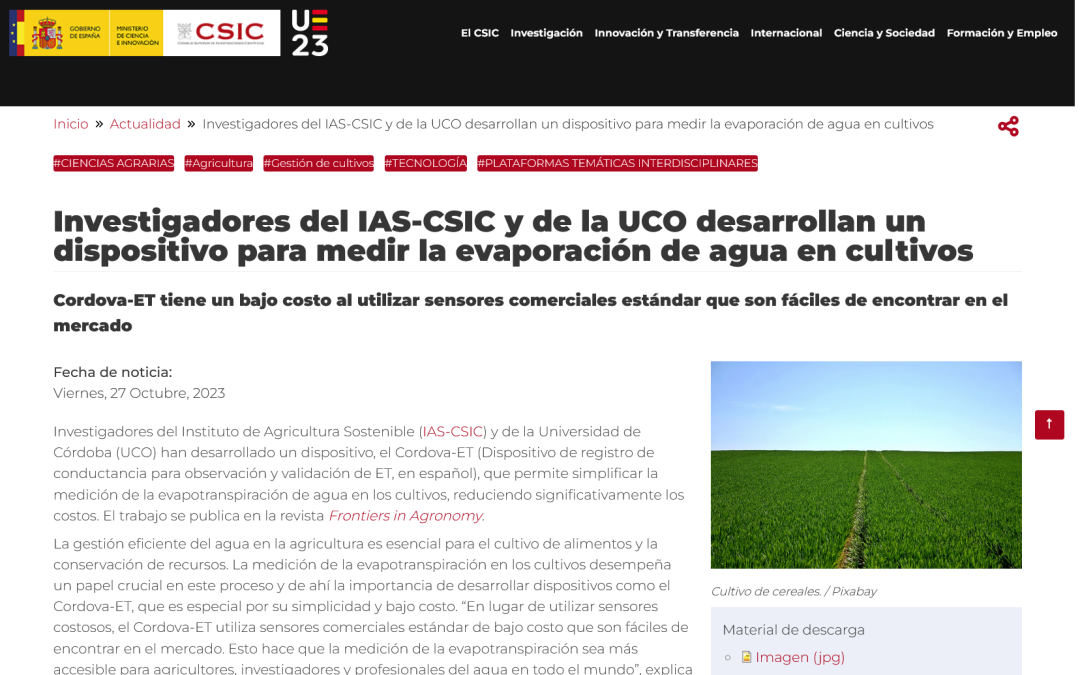Investigadores del IAS-CSIC y de la UCO desarrollan un dispositivo para medir la evaporación de agua en cultivos