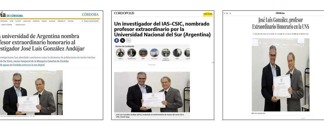 Seguimiento de la noticia: José Luis González Andújar, investigador del IAS-CSIC de Córdoba, nombrado Profesor Extraordinario Honorario por la Universidad Nacional del Sur (Argentina)