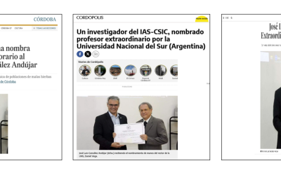 Seguimiento de la noticia: José Luis González Andújar, investigador del IAS-CSIC de Córdoba, nombrado Profesor Extraordinario Honorario por la Universidad Nacional del Sur (Argentina)