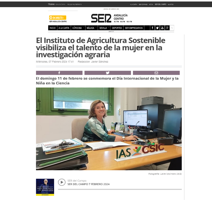 El Instituto de Agricultura Sostenible visibiliza el talento de la mujer en la investigación agraria en “SER del Campo” Cadena SER – Leire Molinero