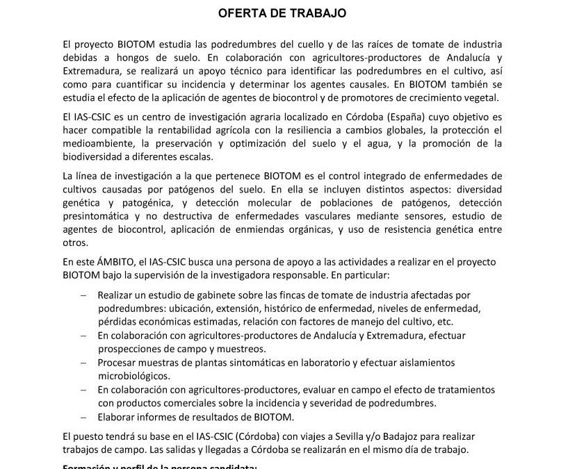 Oferta de Contrato Proyecto BIOTOM en el IAS-CSIC