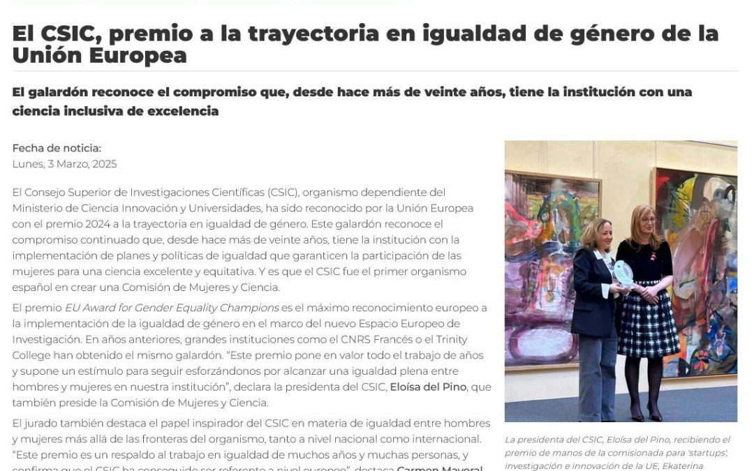 El CSIC, premio a la trayectoria en igualdad de género de la Unión Europea