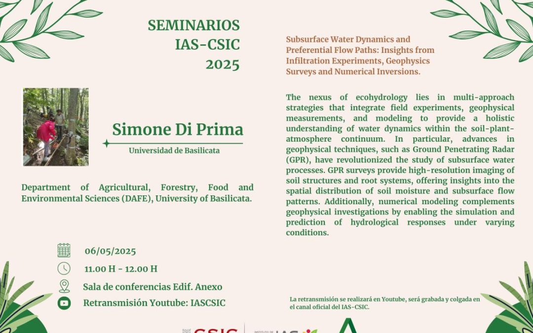 Ciclo de Seminarios IAS – Subsurface Water Dynamics and Preferential Flow Paths: Insights from Infiltration Experiments, Geophysics Surveys and Numerical Inversions