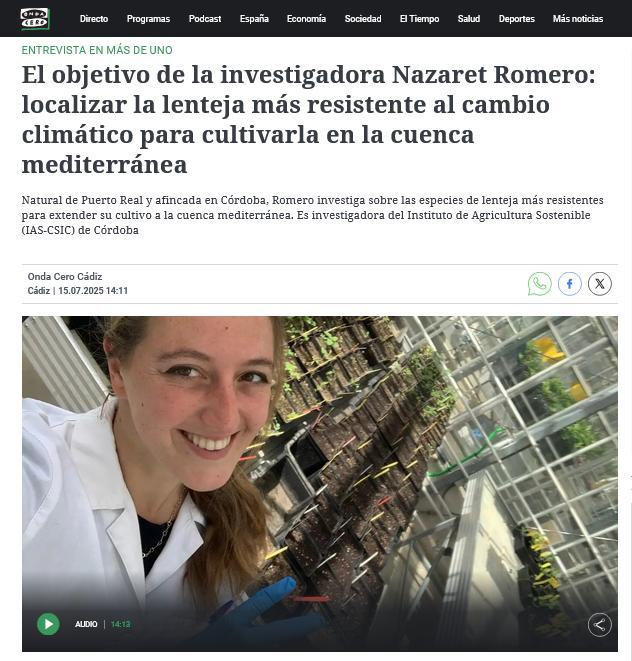 El objetivo de la investigadora Nazaret Romero: localizar la lenteja más resistente al cambio climático para cultivarla en la cuenca mediterránea – Más de Uno, Onda Cero Cádiz
