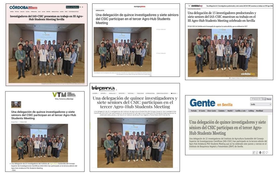 Seguimiento noticia: Una delegación de 15 investigadores predoctorales y 7 seniors del IAS-CSIC muestran su trabajo en el III Agro-Hub Students Meeting celebrado en Sevilla